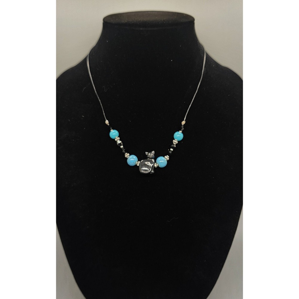 Black Cat Pendant Necklace Turquoise Blue Beaded Silver Tone Cord Short Charm